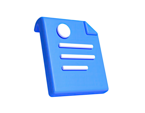 3D rendering of a blue document with a circular header and lines of text