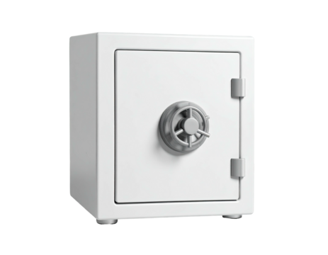 3D rendering of a simple, metallic white safe with round dial and handle