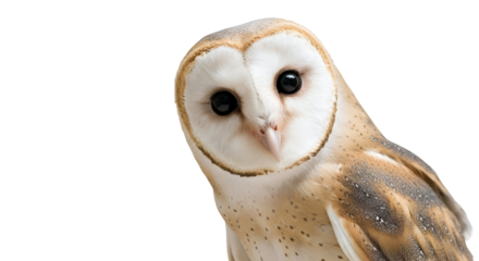 Beautiful Barn Owl Close-Up Portrait Isolated on White Background. Majestic Wild Bird of Prey with Striking Heart-Shaped Face and Intense Dark Eyes, Perfect for Wildlife and Nature Concepts.