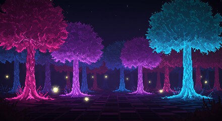 Enchanted pixel forest with glowing trees at night