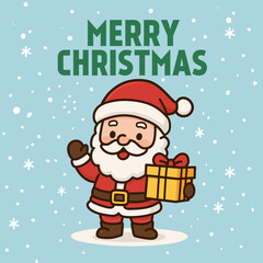 Cute Cartoon Santa Claus Holding Gift -Merry Christmas Vector Illustration