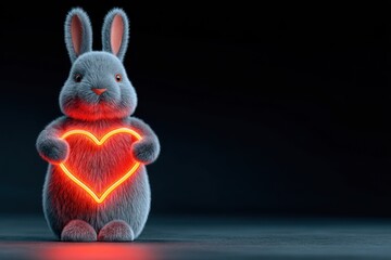Fluffy gray bunny figure holding a glowing red heart against a dark backdrop