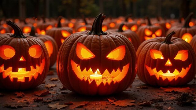 Animated jack-o-lanterns with flickering candlelight create a warm, spooky Halloween atmosphere, perfect for seasonal projects and holiday celebrations.
