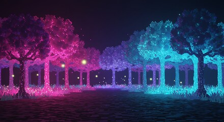 Naklejka premium Enchanting neon forest path, magical glowing trees