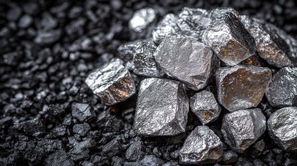 Close-up of a pile of shiny silver-grey metal nuggets on a dark, rough mineral bed