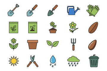 Gardening and planting icon set illustrating tools, plants, and the concept of horticultural growth