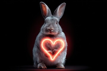 A gray bunny holds a glowing neon heart on its chest against a black background