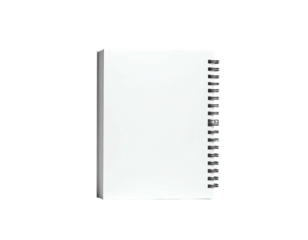 Vertical notebook with blank white pages and spiral binding against a black background