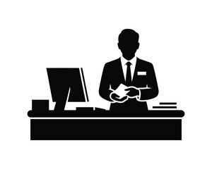 Black silhouette of a man in a suit at a desk with a computer vector