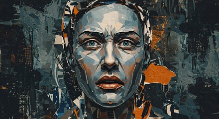 Intense abstract portrait captures powerful emotion and urban grit with striking geometric detail, perfect for dynamic design projects and bold statements.