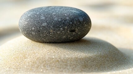 Close-up of a single dark grey, smooth oval stone on a small mound of golden sand