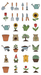 A comprehensive collection of vibrant, flat-design icons representing various gardening tools, plants, and supplies for horticulture enthusiasts and agricultural projects