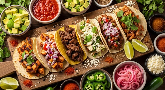 Celebrating National Taco Day with a vibrant and colorful spread of authentic Mexican tacos and fresh ingredients, perfect for any fiesta