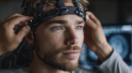neurotechnology specialist adjusting EEG headgear on test subject, real-time brain scan on screen, soft medical-grade lighting