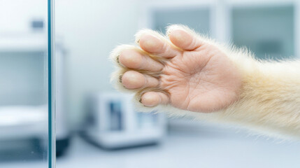 Monkey paw gently touches glass in laboratory, showcasing curiosity and sense of exploration in scientific environment
