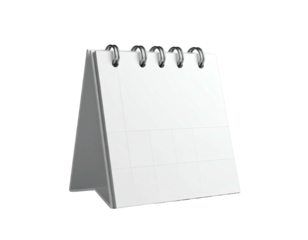 3D render of a white, tabletop calendar with wire binding, isolated