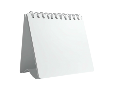 A white desk calendar stands, bound by metal spirals, ready to display dates