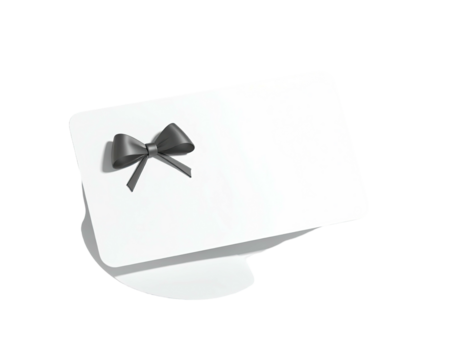 White cards, one with a dark grey bow, resting on a slightly offset base