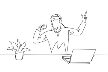 Single continuous line drawing Arab man uses headphone sits sing hold coffee paper cup as mic. Singing as loud as possible to relieve fatigue National Sing Out Day. One line design vector illustration