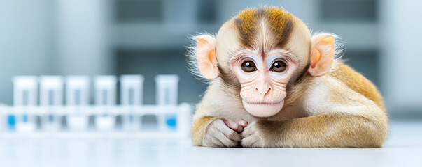 Monkey in laboratory setting displays curiosity and innocence while resting on table near test tubes