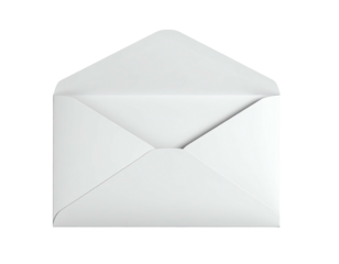 Open, blank white envelope on a black background, showcasing the inside