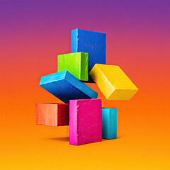 Colorful Abstract Composition with Painted Wooden Blocks and Gradient Background
