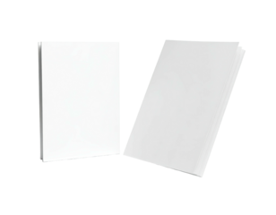 Two stacks of white paper, one upright, one leaning, on black background