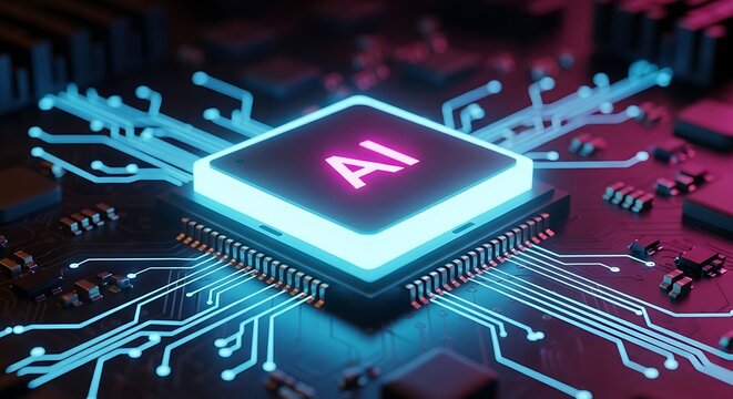 High quality image of central processing unit with ai illuminated in neon pink, surrounded by glowing blue circuits, representing artificial intelligence