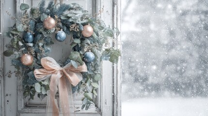 Festive Christmas Wreath with Silver and Rose Gold Ornaments Hanging on Rustic Window Frame