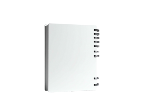 A white notepad stands upright, its spiral binding visible, against a black backdrop