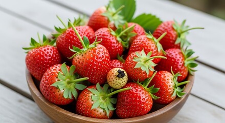 A wooden bowl filled with an abundance of vibrant red strawberries and a singular pale, unripe berry offering a stark