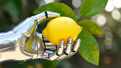 Close-up of a sleek robotic hand picking a ripe yellow lemon from a tree. Futuristic agriculture and advanced harvesting technology concept.