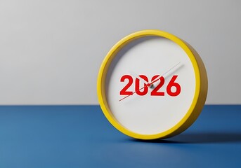A yellowframed clock with a white face displaying the numbers 2026 in red, set against a blue surface and a grey background