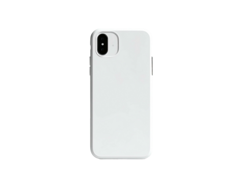 A white modern smartphone, its back facing us, against a pure black background