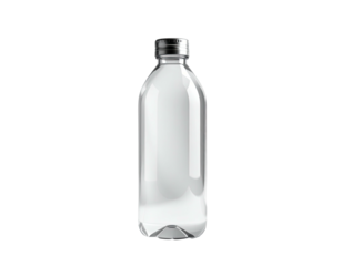 Transparent water bottle with silver cap stands isolated against a black background