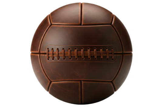 Vintage brown leather soccer ball with classic stitched laces on a transparent background