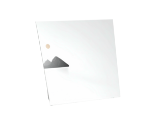 Angled white tablet-like screen with landscape graphic, floating against black