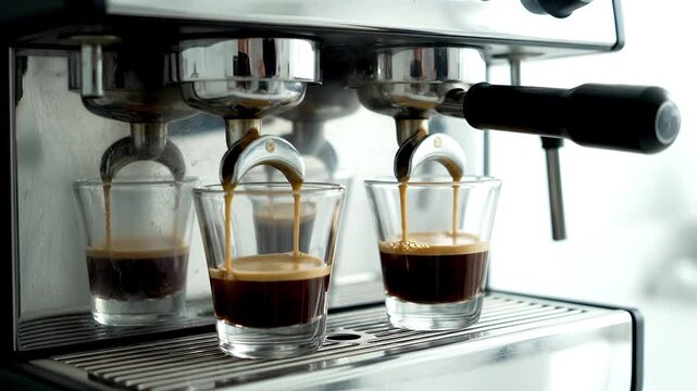Two espresso shots dispensing into clear glasses from a stainless steel coffee machine indoors