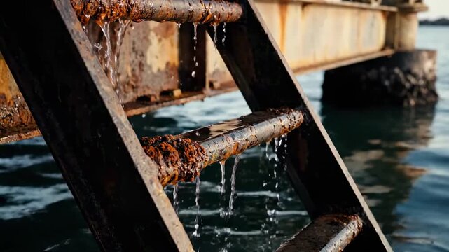 Rust-streaked metal ladder descends from a weathered pier into teal water; corroded rungs drip seawater, peeling paint and rough texture catching light, hinting at long exposure to salt and tide