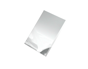 A transparent, rectangular object angled against a stark black background