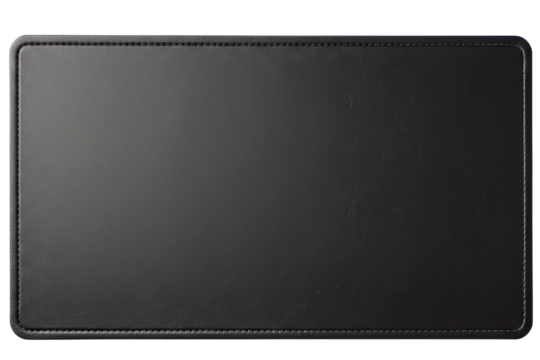 Black leather computer desk mat with stitched border detail on a transparent background