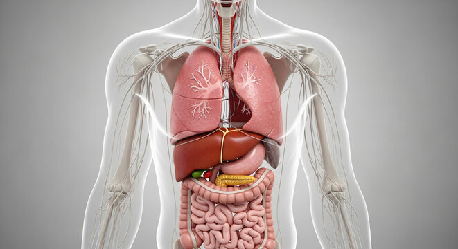 Detailed Medical Illustration of Human Torso Organs and Skeletal Structure