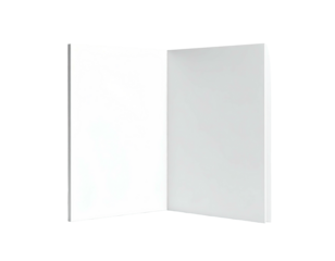 Open, empty, white book or brochure displayed against a black background