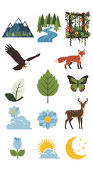A diverse collection of vibrant ecological elements and wildlife illustrations, featuring various natural icons for environmental and outdoor-themed designs