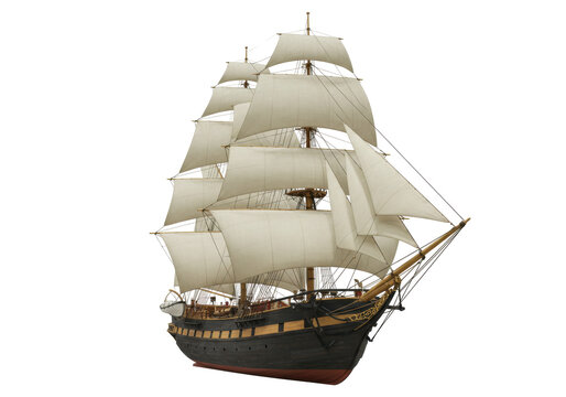Isolated sailing frigate ship model, vintage sailing vessel, majestic tall ship antique art