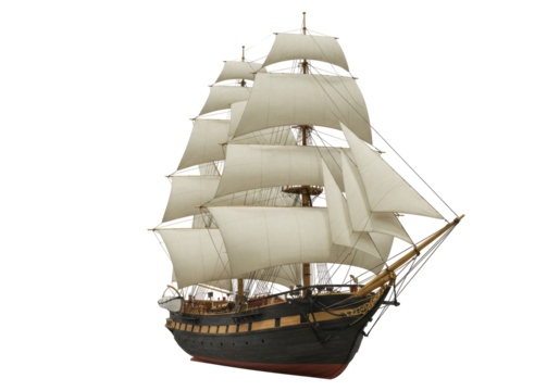 Isolated sailing frigate ship model, vintage sailing vessel, majestic tall ship antique art