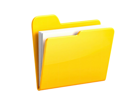 Glossy yellow folder icon, slightly angled, holds white papers, black background