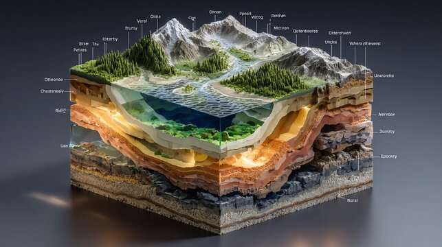 Detailed Cube Section Displaying Earth's Terrain and Geological Layers with Named Locations
