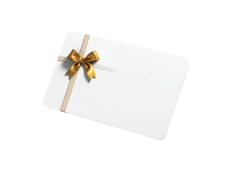 White gift card with a golden bow and ribbon tied on it, on a dark background