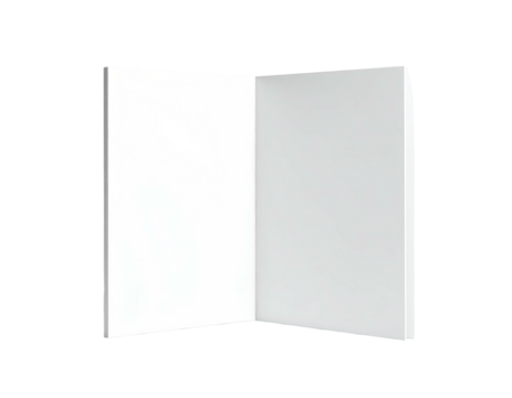 Open, empty, white book or brochure displayed against a black background